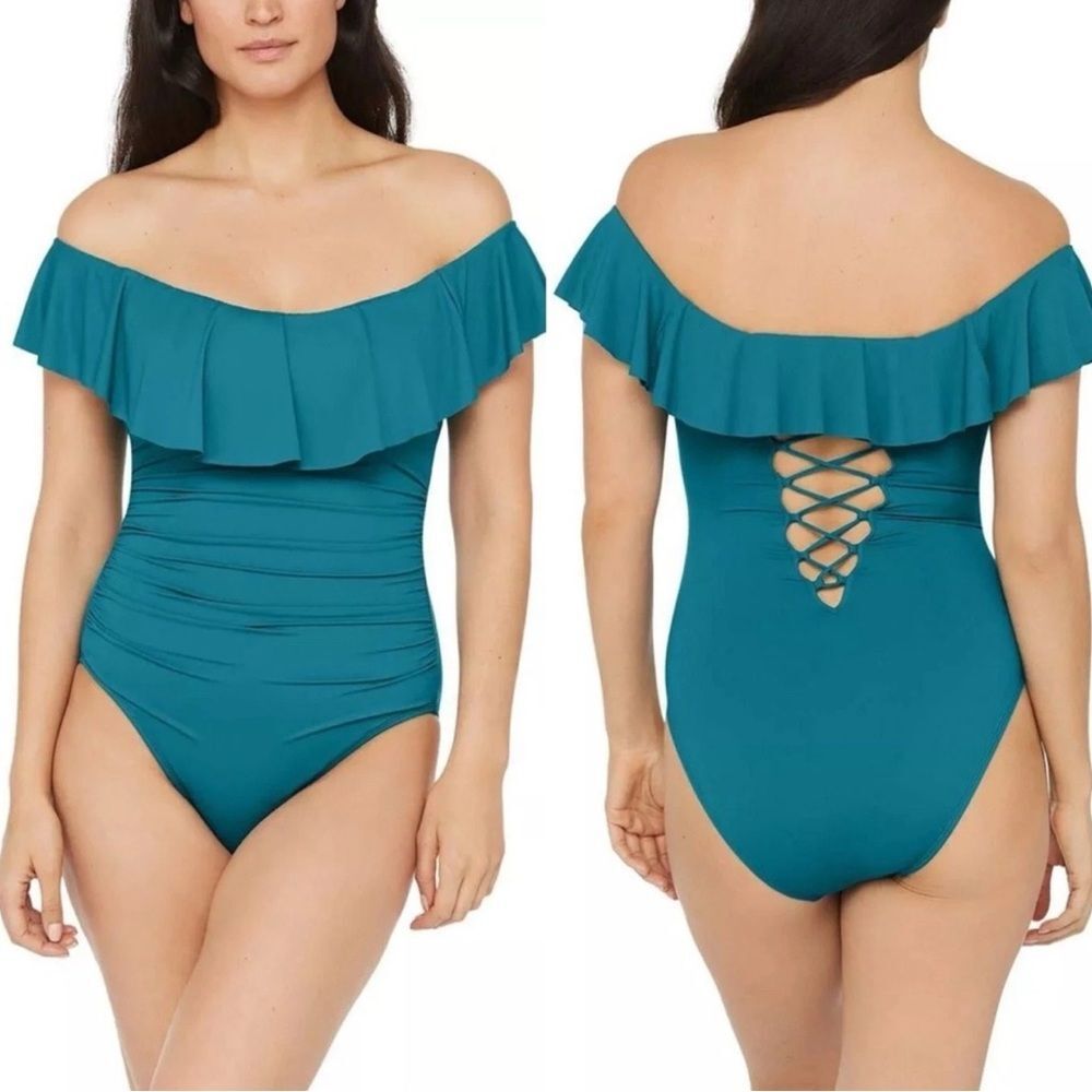 La Blanca Island Goddess Ruffle One Piece Swimsuit Caribbean Teal Blue Size 8